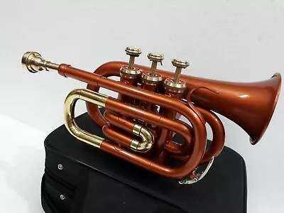 MINI POCKET  NEW Copper BRASS Colour FLAT 3V POCKET TRUMPET FREE CASE+MOUTHPIECE • $126.16