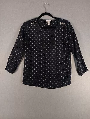 J Crew Blouse Size 4 Anchor Print 100% Silk  Navy Blue Long Sleeve Sailor Cruise • $13.59