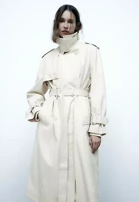 Zara Belted Oversized Vegan Leather Trench Coat Ecru Ivory White Size M • $50