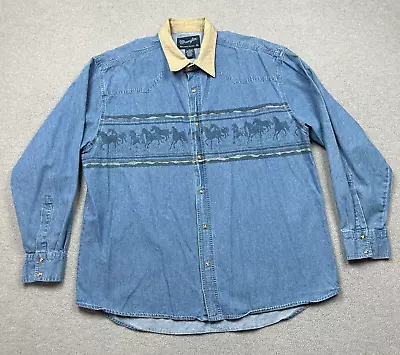 VINTAGE Wrangler Shirt Mens XL Blue Tan Horses Denim Pearl Snap Western Cowboy • $24.99