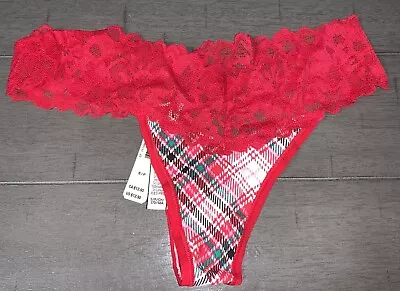 Victoria’s Secret Sm Red Christmas Plaid Thong Lace Trim Nwt Panties String • £11.45