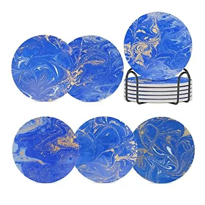 Coasters For Drinks Absorbent With HolderAbstract Blue And Golden Liquid Text... • $17.72