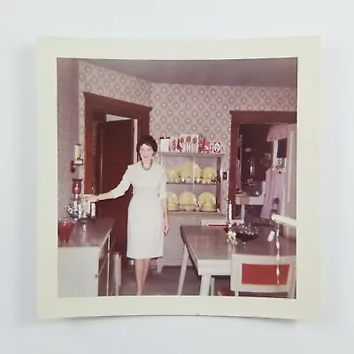 Vintage Snapshot Photo Woman In Mid Century Kitchen China Cabinet Table 1960s • £21.42