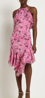 Pink Butterfly Bohemian Asymmetric Ruffle Frilled Dress Holiday Races Cruise 16 • £30