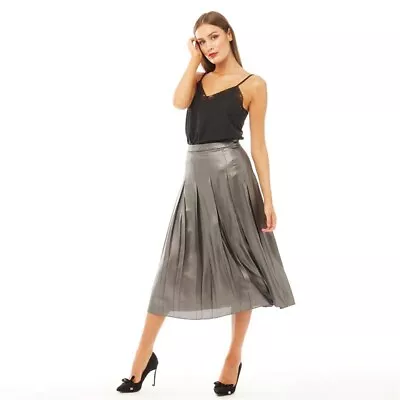 TED BAKER Metallic Silver Foil Pleat High Waist Fit&flare Midi Skirt Party 3 12 • £75