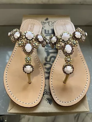 $285 Mystique Baby Pink Gold Jeweled Sandals Women's Size 9 Sold Out • $150