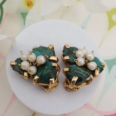 Vintage Malachite Cultured Pearl Gold Tone Cluster Clip Earrings • $24.95