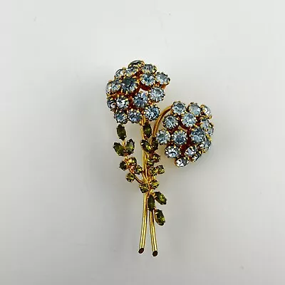 Vintage Signed VENDOME Gold Tone Dimensional Blue Rhinestone Flower Brooch • $139.99