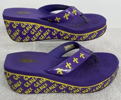 Womens 6 Volatile Purple Yellow LSU Geaux Tigers Fleur Des Lis Wedge Sandals EUC • $17.84
