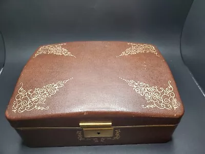 Vintage Pleather Covered Jewelry Box With Gold Detailing With Key 8x5.5x2  • $21.95