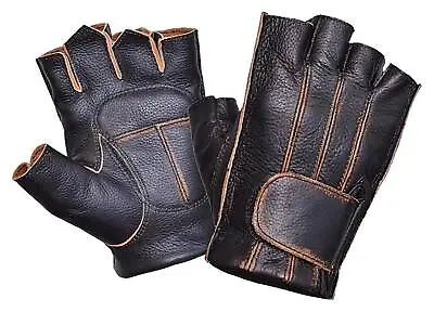 UNIK Men's Gel Palm Cowhide Leather Fingerless Gloves - Distressed Brown • $24.95