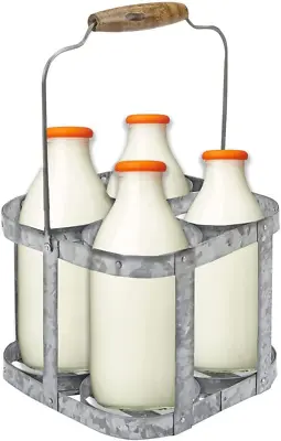  Milk Bottle Holder Galvanized 4 Milk Bottles Doorstep Crate Carrier Traditional • £23.17