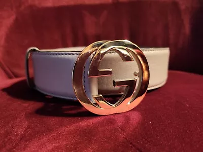 Gucci Gray Calfskin Leather Gold Interlocking GG Buckle Belt 85-34  • $300