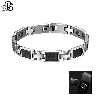 11mm Mens Stainless Steel Carbon Fiber Magnetic Stone Golf Bracelet Bangle 8.9  • $16.99