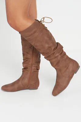 Womens Slouchy Mid Calf Boots Ladies Laces Zip Knee High Long Riding Flat Shoes • £18.99