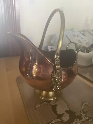 Vintage Copper And Brass Small Coal Scuttle With Delf Handle • £20