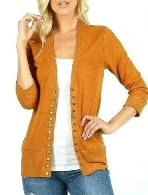 $13.95 • Buy 3/4 Sleeve Snap Button Front Ribbed Detail V Neck Sweater Cardigan