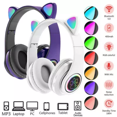 £8.99 • Buy Kids Children Headphones Wireless Bluetooth Headset LED Lights Cat Ear Earphone