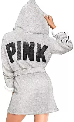 Victoria's Secret Pink Hooded Sherpa Lined Cozy Short Plush Robe Silver Gray NWT • $49.99