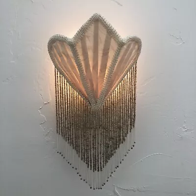 Vintage Ivory Brocade Half Shade Beaded Fringe Night Light Fixture Boudoir Decor • $54