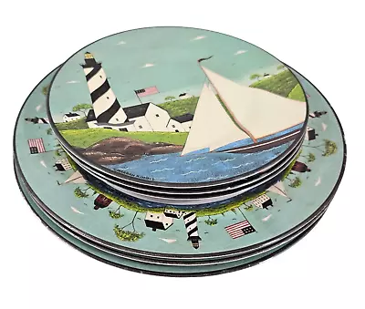 Warren Kimble Sakura Coastal Breeze Lighthouse Sailboat Melamine 6 PC Plate Set* • $24.95