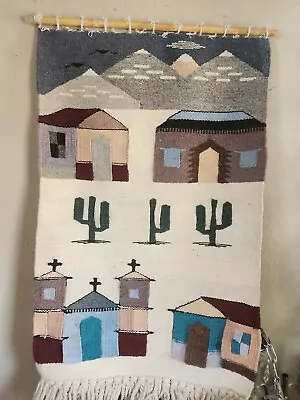 Vintage Mexican Zapotec Woven Wool Textile Tapestry Rug Church Mountains Houses • $35