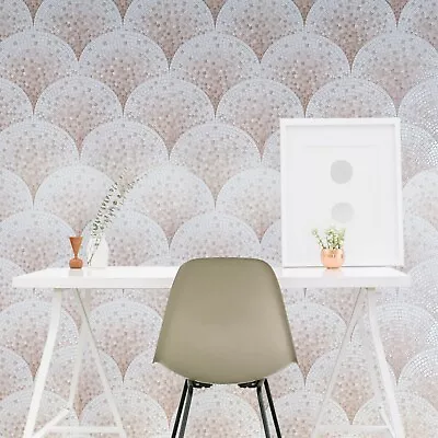 Peach Pink Cream White Faux Scale Mosaic Tiles Wallcoverings Textured Wallpaper • $3.90