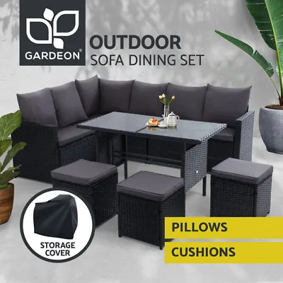 $703.95 • Buy Gardeon Outdoor Dining Set Sofa Lounge Setting Chairs Table W/ Cover Lawn Black
