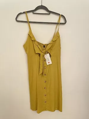 $12.20 • Buy Zaful Mustard Yellow Button Dress Large L Tie Front Cut Out Woven Linen Feel