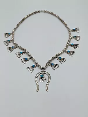 Vintage Squash Blossom Navajo Sterling Silver Turquoise Necklace 24.5   • $475