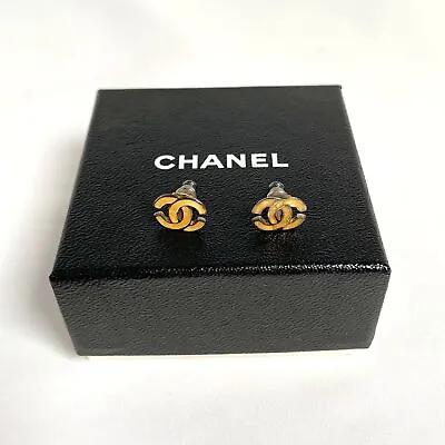 Auth CHANEL Earrings Coco Marks Yellow Silver Plate CC Logo Vintage W/ Box FS • £211.84