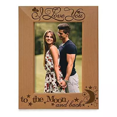I Love You To The Moon And Back Engraved Natural Wood Picture Frame Couples I... • $33.24