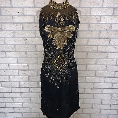Vtg Scala Black/Gold Beaded Chinese Style Lined Sleeveless Cocktail Dress Sz Med • $72