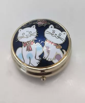 Vintage Small 1.75  Cat Kitten Pill Box Trinket Case Enamel Gold Blue • $7.99