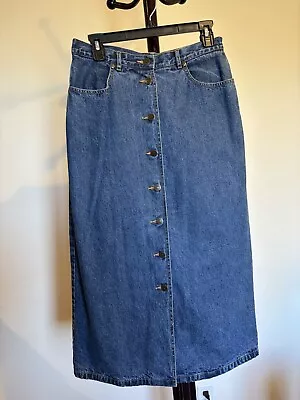 Women’s Eddie Bauer Blue Denim 100%cotton Button Down Lined Straight Skirt SZ 6P • $19.99