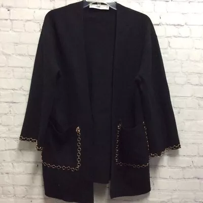 Zara Knit Womens Jacket Coat Solid Black Open Front Gold Chain Trim Pockets S • $6.20