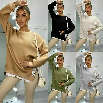 Womens Ladies Side Split Zip Jumper Oversized Baggy Fit Long Sleeve Longline Top • $20.83