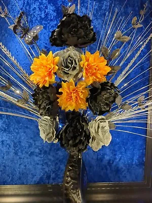 Artificial Silk Flower Arrangement Silver Black Orange Tall Vase Lights Up • £45.99