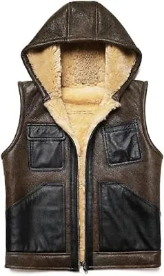 Leather Sheepskin Gillet Shearling Brown Hooded Vest • $179.99