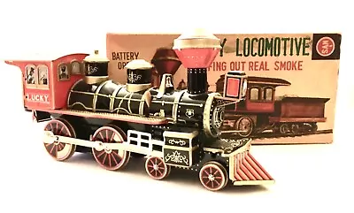 Vintage Battery Operated Puffing Out Real Smoke Lucky Locomotive Tin Train Mint • $125.96