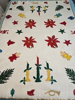 Vintage Handmade Christmas Holiday Tablecloth Applique Felt Sequins 76  X 53  • $29.95