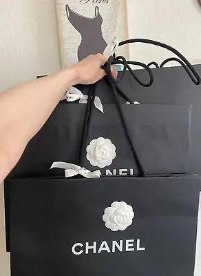 Chanel Black Paper Shopping Gift Bag W/camellia & Ribbon 17  X 13  X 6 Set Of 3 • £60.26