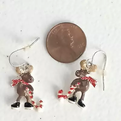 Ice Skating Moose Playing Hockey W Candy Cane Sticks Enamel Earrings Christmas • $10.50