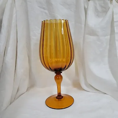 Vintage Large Amber Ribbed Glass Pedestal Snifter Vase Bowl • $29.99