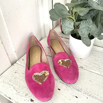 Talbots Pink Leather Suede Gold Sequin Heart Slip On Flats Loafers Womens Size 9 • $33.99