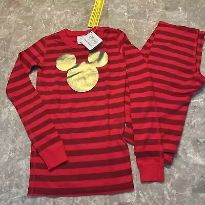 NWT Hanna Andersson Red Stripe Gold Mickey Mouse Disney Long John Pajamas 140 10 • $14.99