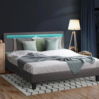 $219.90 • Buy Oikiture Bed Frame RGB LED Queen Double King Wooden Slats Fabric Leather
