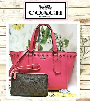 $228.95 • Buy NWT COACH CROSBY Floral & Rivets HANDBAG & WRISTLE SET In DAHLIA PINK Leather