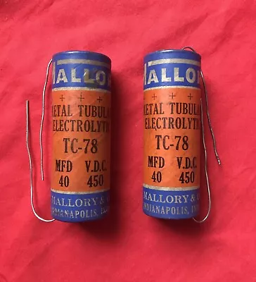 Pair NOS MALLORY 40 UF 450V Electrolytic Capacitors Axial Cardboard Cover TC-78 • $54.99