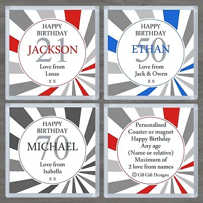 £3.95 • Buy Personalised Birthday Gift Coaster Or Magnet Spiral Stripes Any Age & Name